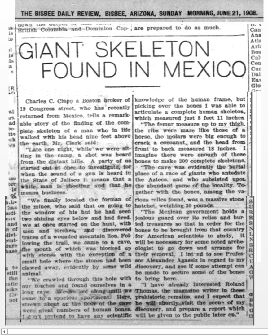 1908 Report: 8 ft 11 in Giant Skeleton Found in Mexico Cave